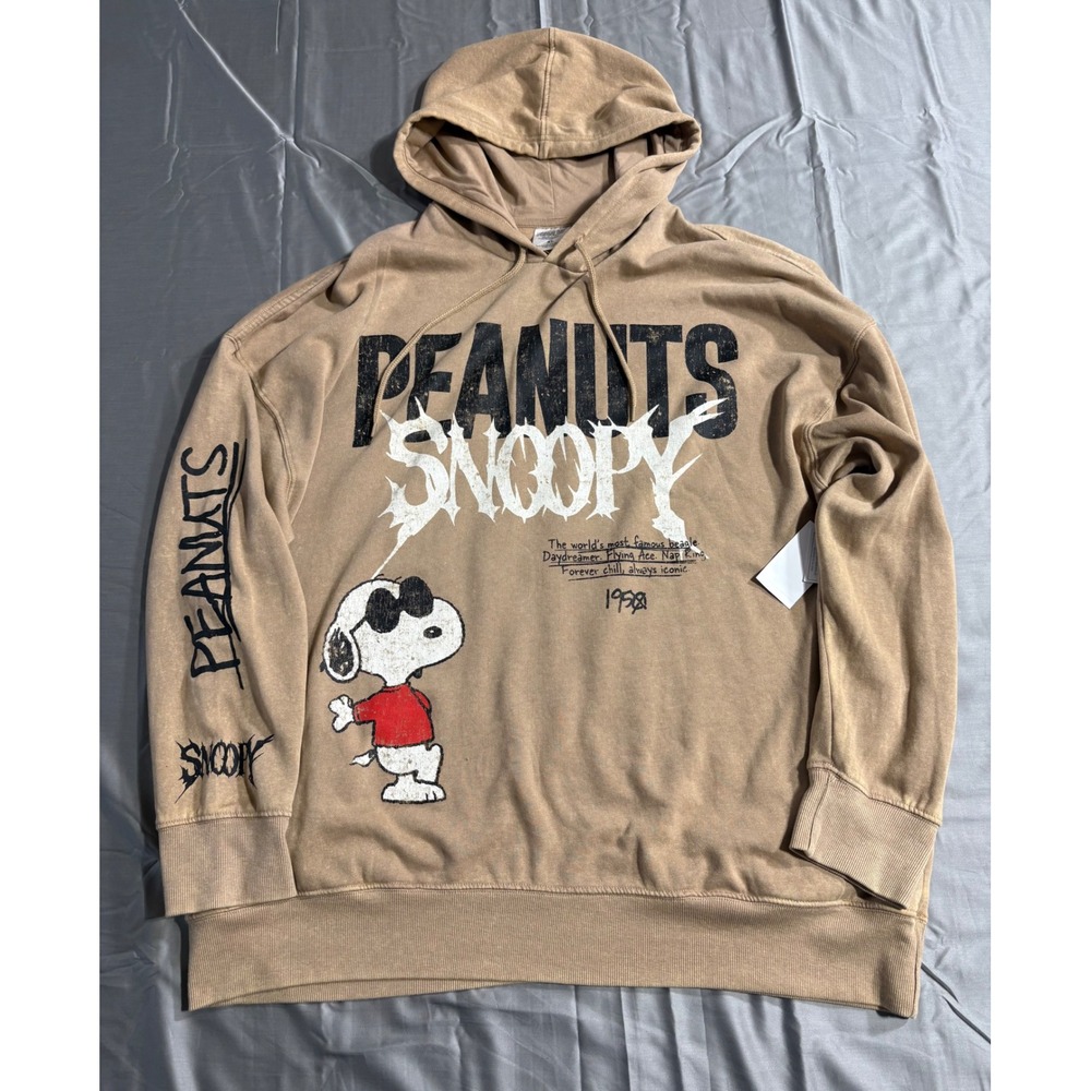 Peanuts Snoopy Joe Cool Graphic Hoodie Tan Mens XL Heavy Metal Font Streetwear